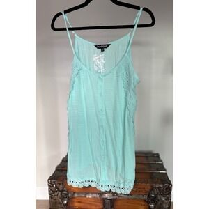 Davi & Dani Light Blue Lace Trim Button Front Cami Tank Top 1XL NEW